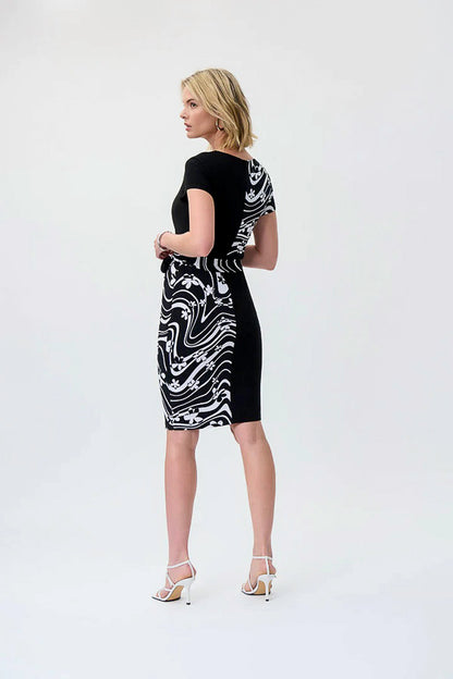 Joseph Ribkoff 231044 Black/Vanilla Ruched Waist-Tie Sheath Dress