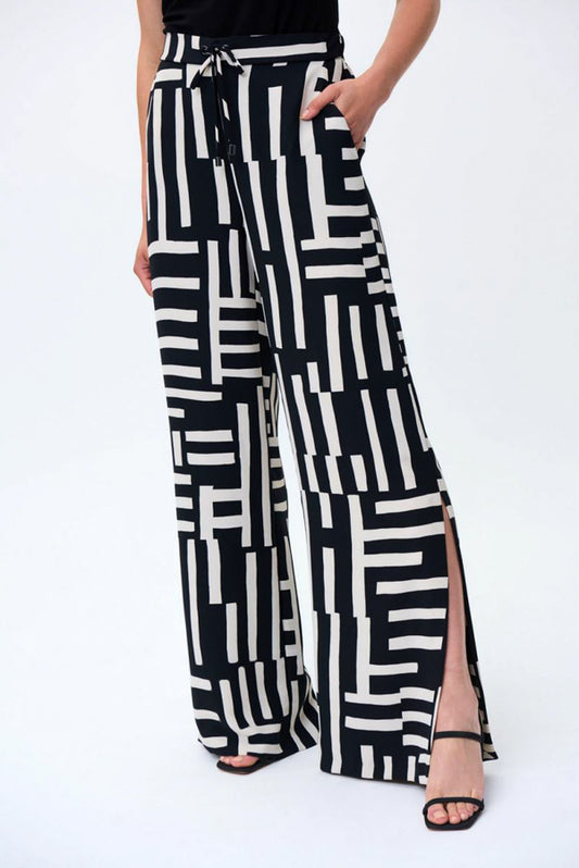 Joseph Ribkoff 231065 Black/Beige Geometric Print Side Split Pants