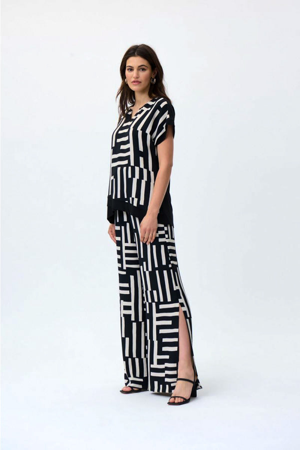 Joseph Ribkoff 231065 Black/Beige Geometric Print Side Split Pants