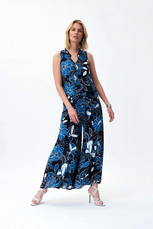 Joseph Ribkoff 231094 Midnight Blue/Multi-Color Print Tie-Hem Sleeveless Top