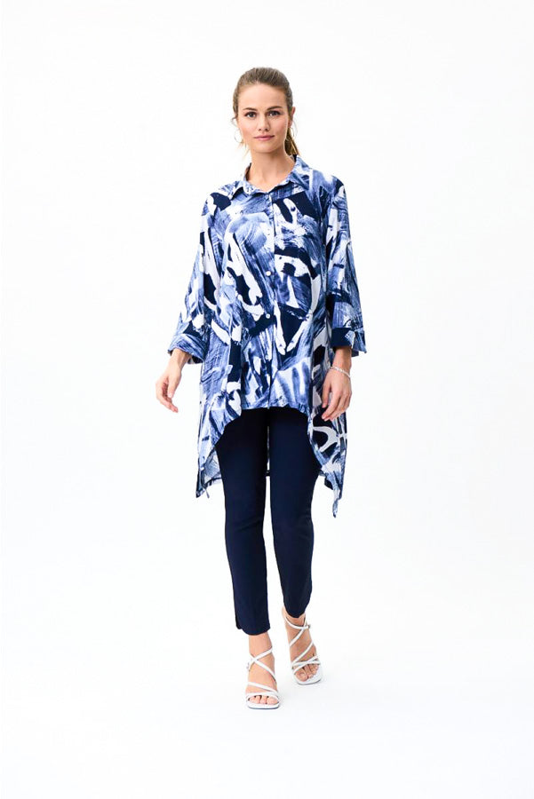 Joseph Ribkoff 231113 Midnight Blue/Ivory Brushstroke Print Hi-Low Tunic Top