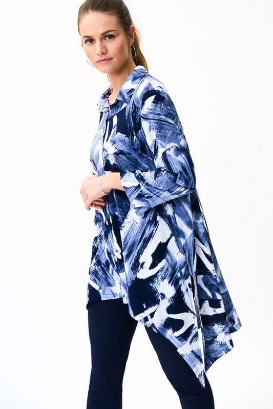 Joseph Ribkoff 231113 Midnight Blue/Ivory Brushstroke Print Hi-Low Tunic Top