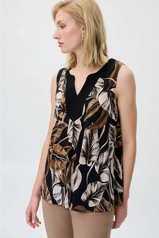 Joseph Ribkoff 231122 Black/Taupe Leaf Print Contrast Trim Trapeze Top