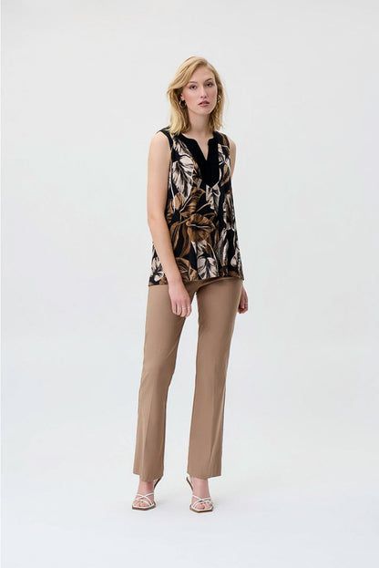Joseph Ribkoff 231122 Black/Taupe Leaf Print Contrast Trim Trapeze Top