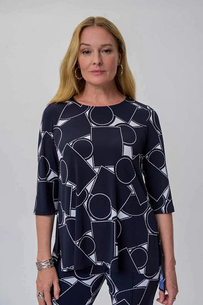 Joseph Ribkoff 231129 Vanilla/Navy Geometric Print Top