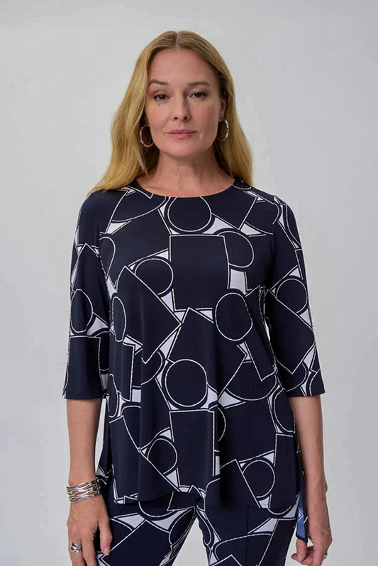 Joseph Ribkoff 231129 Vanilla/Navy Geometric Print Top