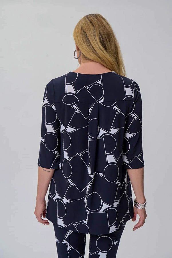 Joseph Ribkoff 231129 Vanilla/Navy Geometric Print Top