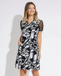 Joseph Ribkoff 231150 Black/Vanilla Brushstroke Print Mesh Sleeve Polo Dress