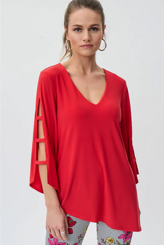 Joseph Ribkoff 231156 Magma Red Cutout Sleeve Asymmetric Tunic Top