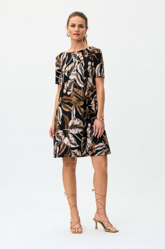 Joseph Ribkoff 231162 Black/Taupe Leaf Print Cutout Back Shift Dress