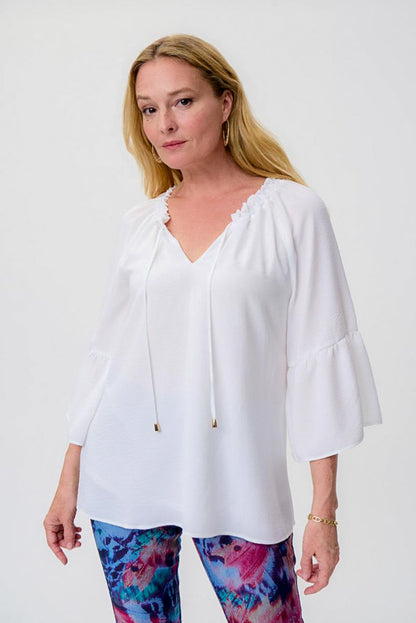Joseph Ribkoff 231206 White Shirred V-Neck 3/4 Sleeve Top