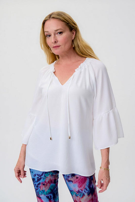 Joseph Ribkoff 231206 White Shirred V-Neck 3/4 Sleeve Top