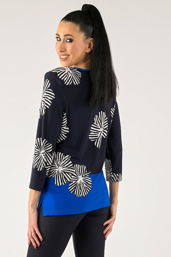 Joseph Ribkoff 231209 Midnight Blue/Multi Floral Color Block 3/4 Sleeve Top
