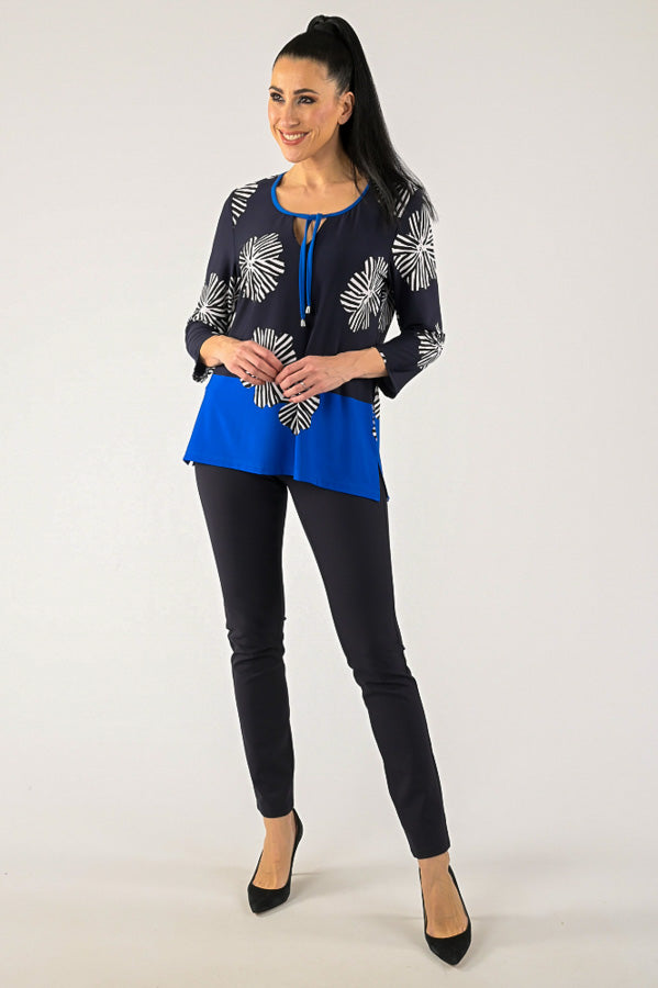Joseph Ribkoff 231209 Midnight Blue/Multi Floral Color Block 3/4 Sleeve Top