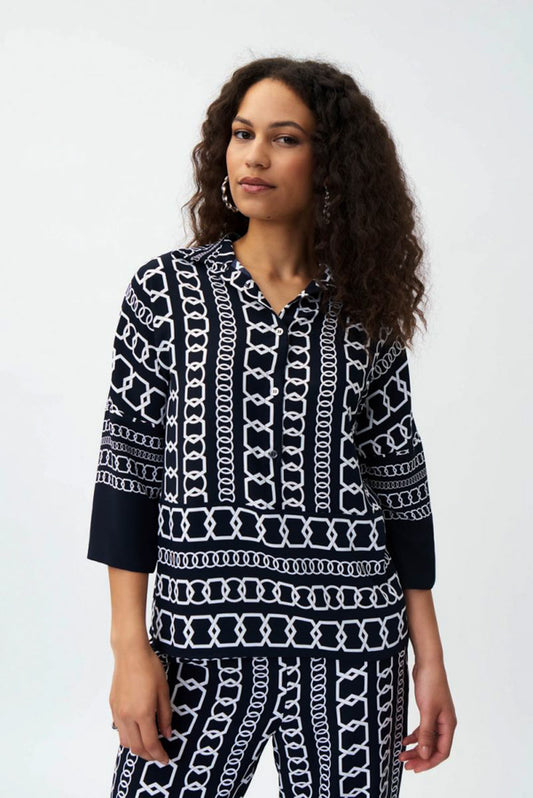 Joseph Ribkoff 231215 Midnight Blue/Multi Chain Print Collared Top