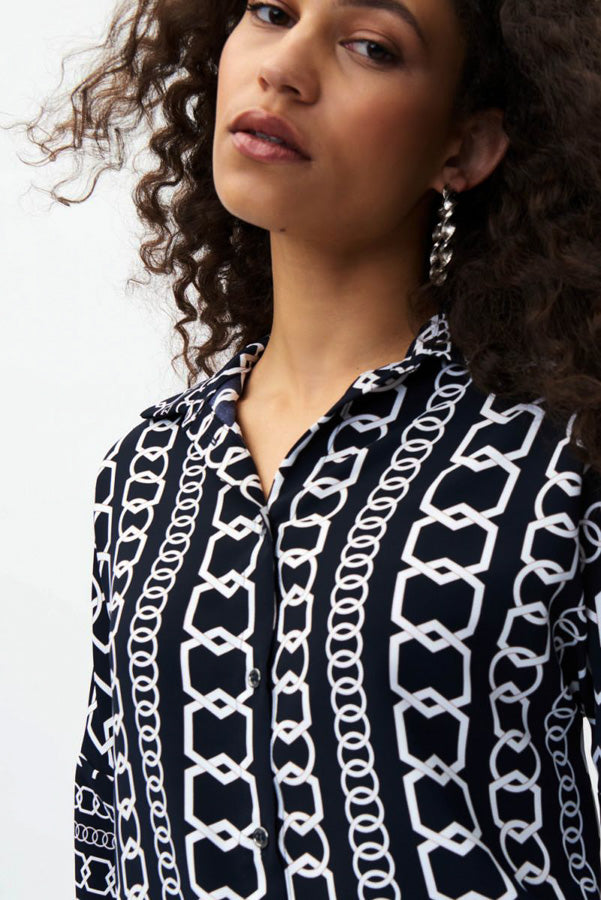 Joseph Ribkoff 231215 Midnight Blue/Multi Chain Print Collared Top