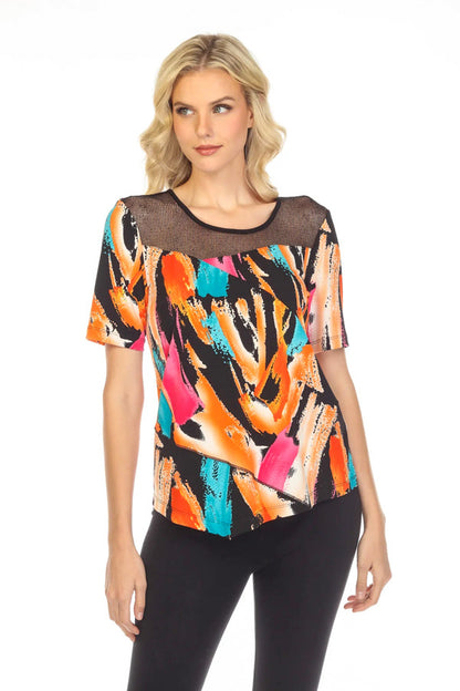 Joseph Ribkoff 231233 Black/Multi-Color Brushstroke Print Mesh Yoke Top