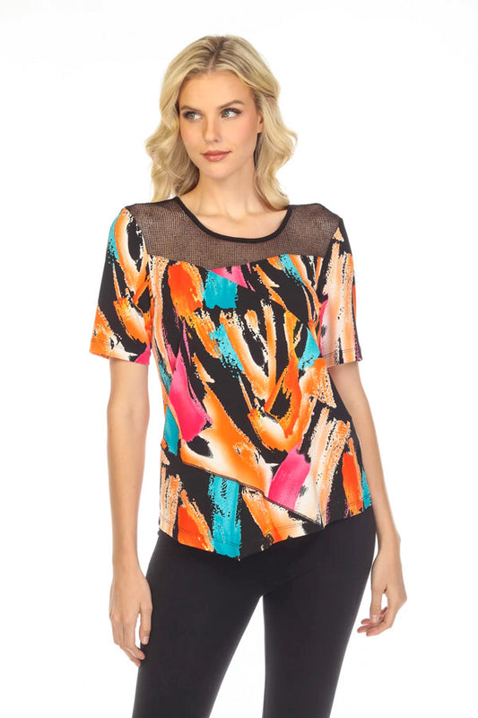 Joseph Ribkoff 231233 Black/Multi-Color Brushstroke Print Mesh Yoke Top