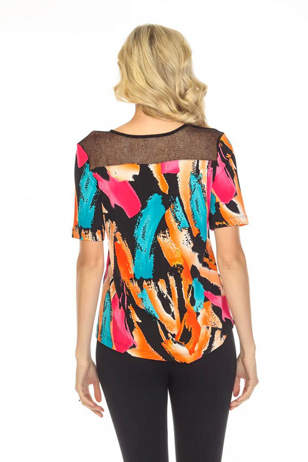 Joseph Ribkoff 231233 Black/Multi-Color Brushstroke Print Mesh Yoke Top