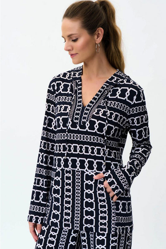 Joseph Ribkoff 231259 Midnight Blue/Multi Chain Print Hooded Tunic Top