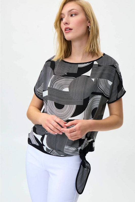 Joseph Ribkoff 231303 Vanilla/Black Geometric Print Short Sleeve Top