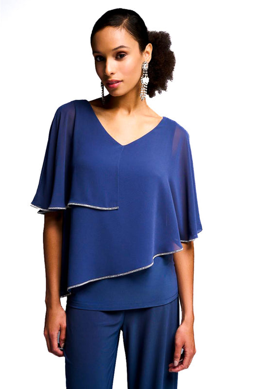 Joseph Ribkoff 231720 Mineral Blue Rhinestone Trim Layered Chiffon Top