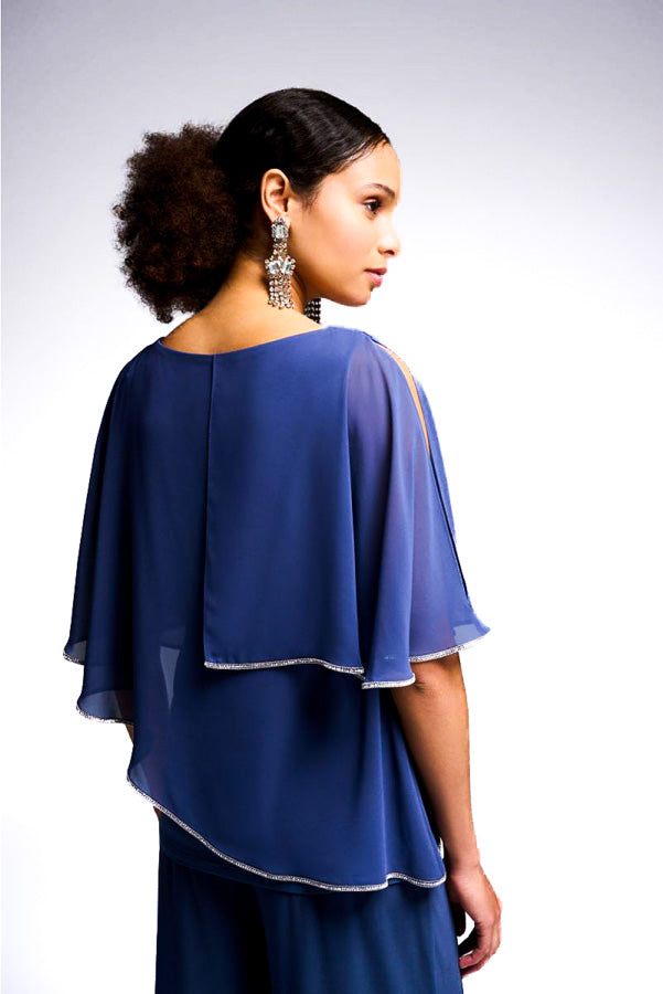 Joseph Ribkoff 231720 Mineral Blue Rhinestone Trim Layered Chiffon Top