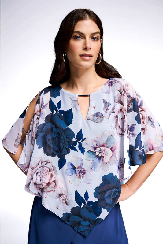 Joseph Ribkoff 231759 Vanilla/Multi Floral Print Chiffon Overlay Top