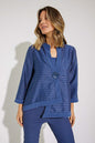 Joseph Ribkoff 231769 Mineral Blue Sheer Stripes 3/4 Sleeves Asymmetric Jacket