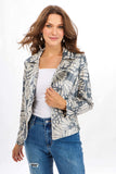 Joseph Ribkoff 231911 Champagne/Silver Butterfly Print Faux Suede Moto Jacket