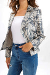 Joseph Ribkoff 231911 Champagne/Silver Butterfly Print Faux Suede Moto Jacket