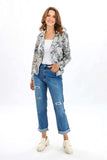 Joseph Ribkoff 231911 Champagne/Silver Butterfly Print Faux Suede Moto Jacket