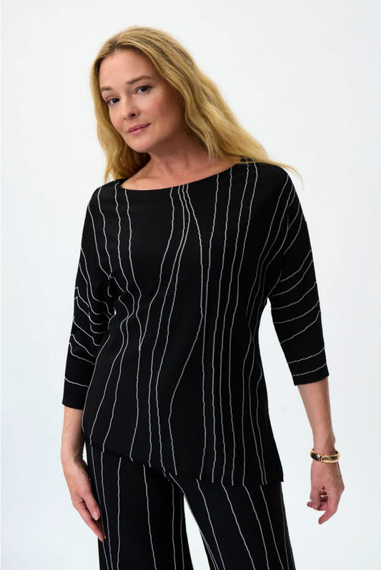 Joseph Ribkoff 231936 Black/Vanilla Striped Knit Asymmetric Top