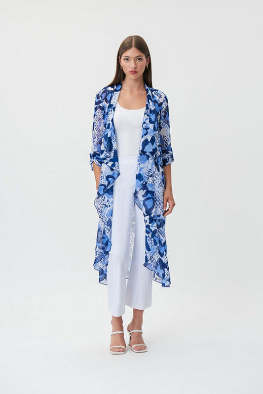 Joseph Ribkoff 232089 Blue/Vanilla Animal Print Longline Cover-Up Jacket