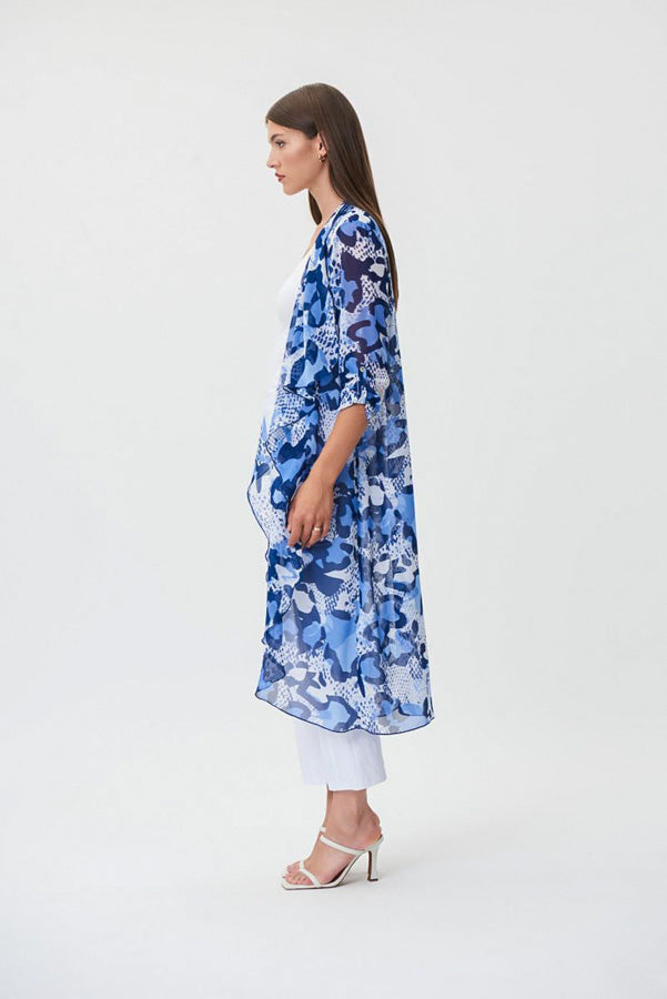 Joseph Ribkoff 232089 Blue/Vanilla Animal Print Longline Cover-Up Jacket