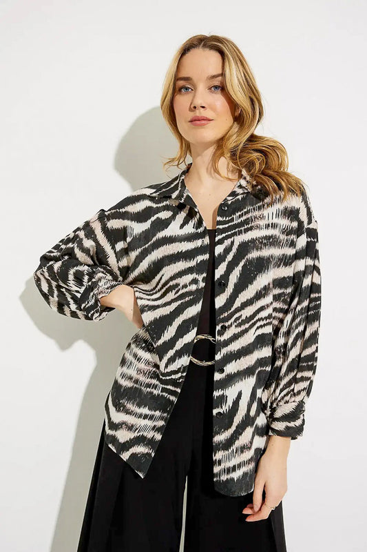 Joseph Ribkoff 232187 Beige/Multi Animal Print Ruched Sleeve Top