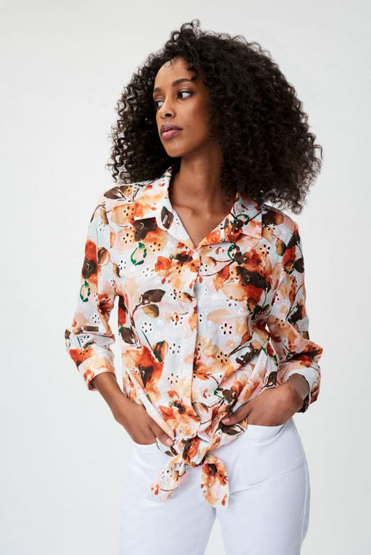 Joseph Ribkoff 232218 Vanilla/Multi Floral Eyelet Tie-Hem Top