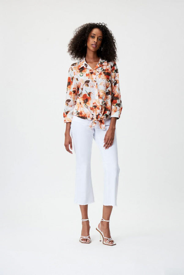 Joseph Ribkoff 232218 Vanilla/Multi Floral Eyelet Tie-Hem Top