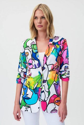 Joseph Ribkoff 232228 Vanilla/Multi-Color Abstract Face Print Blazer Jacket