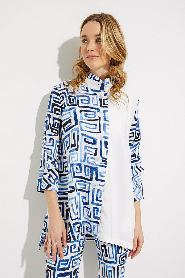 Joseph Ribkoff 232229 Blue/Vanilla Blocked Meander Print 3/4 Sleeve Jacket
