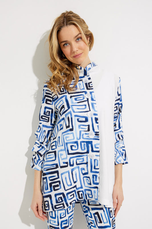 Joseph Ribkoff 232229 Blue/Vanilla Blocked Meander Print 3/4 Sleeve Jacket