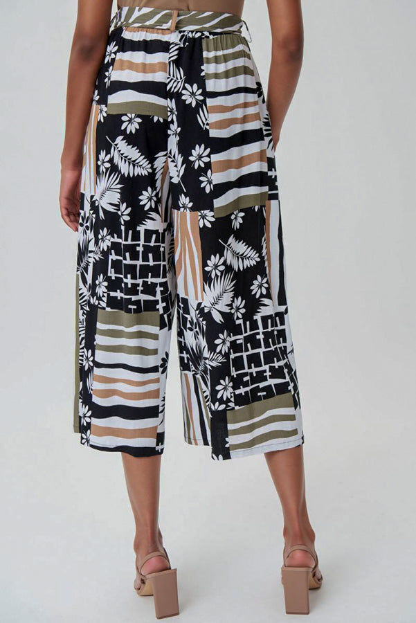 Joseph Ribkoff 232232 Vanilla/Multi-Color Floral Print Waist-Tie Culotte Pants