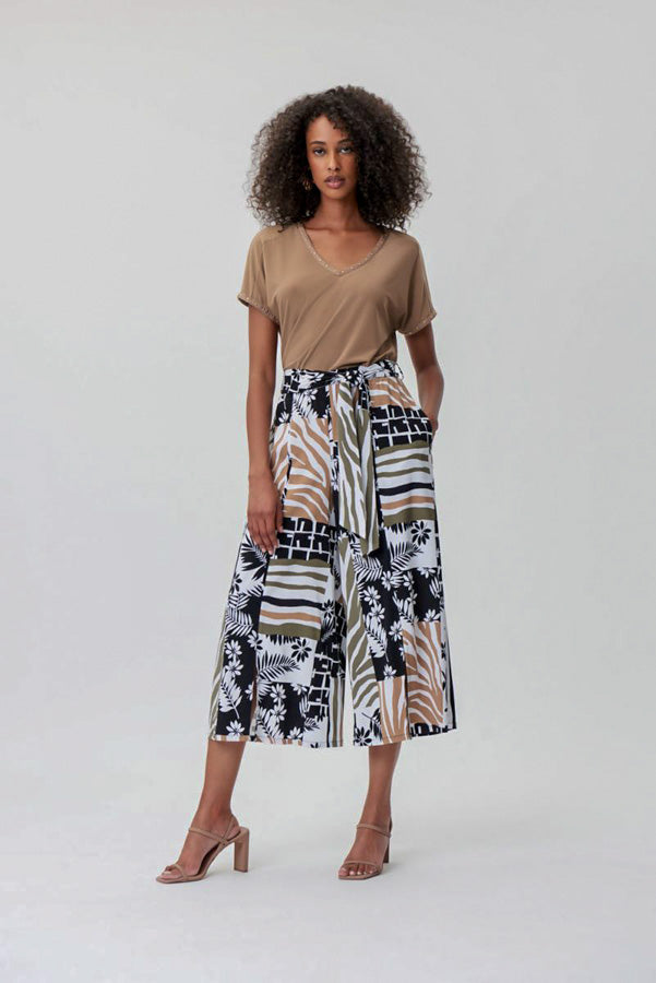 Joseph Ribkoff 232232 Vanilla/Multi-Color Floral Print Waist-Tie Culotte Pants