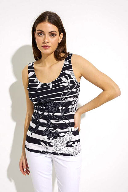 Joseph Ribkoff 232268 Midnight Blue/Vanilla Floral Striped Sleeveless Top