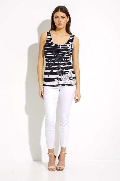 Joseph Ribkoff 232268 Midnight Blue/Vanilla Floral Striped Sleeveless Top