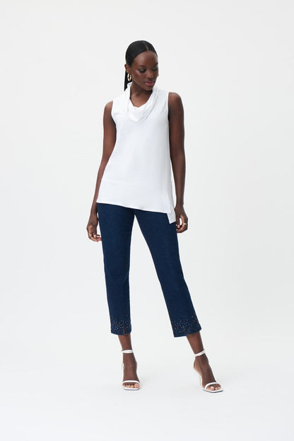 Joseph Ribkoff 232940 Dark Denim Blue Rhinestone Detail Split Front Cropped Jeans