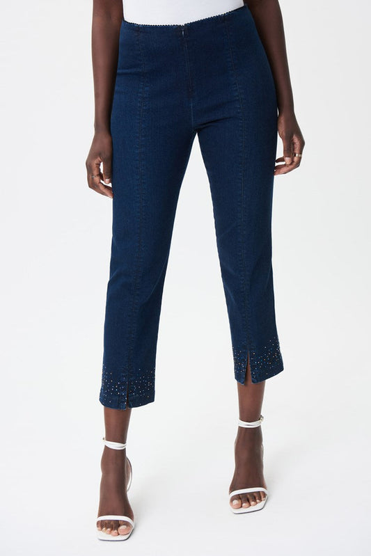 Joseph Ribkoff 232940 Dark Denim Blue Rhinestone Detail Split Front Cropped Jeans