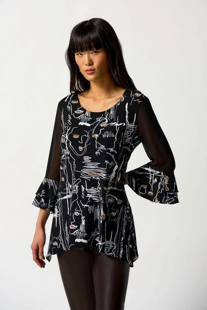 Joseph Ribkoff 233052 Black/Multi Abstract Face Print Chiffon 3/4 Sleeve Top
