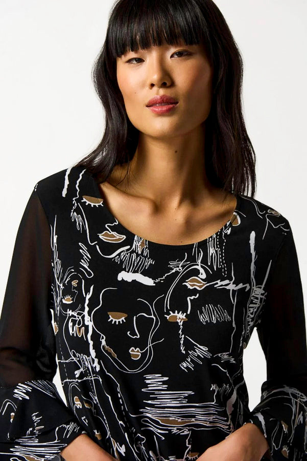 Joseph Ribkoff 233052 Black/Multi Abstract Face Print Chiffon 3/4 Sleeve Top