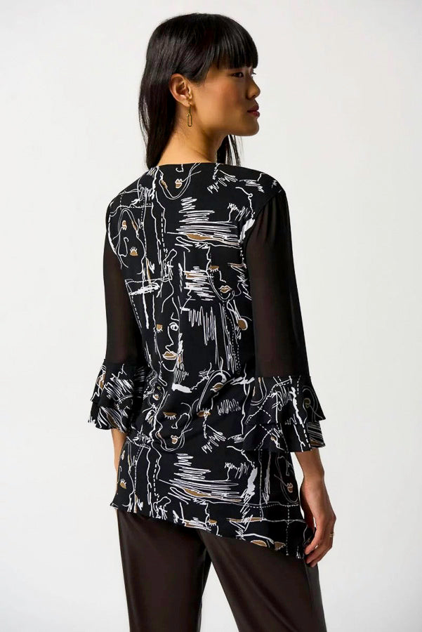 Joseph Ribkoff 233052 Black/Multi Abstract Face Print Chiffon 3/4 Sleeve Top